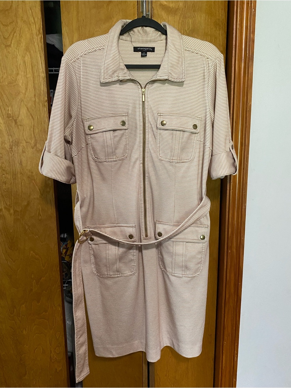 Sharagano Beige and White Striped dress